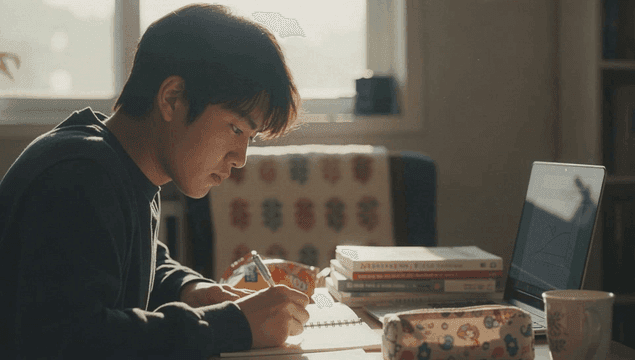 노트북을 보며 공부하는 젊은 남성