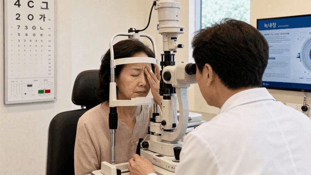 Elderly woman receiving eye exam at clinic