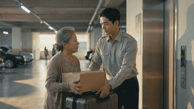 Young security guard and elderly person helping with luggage in parking lot