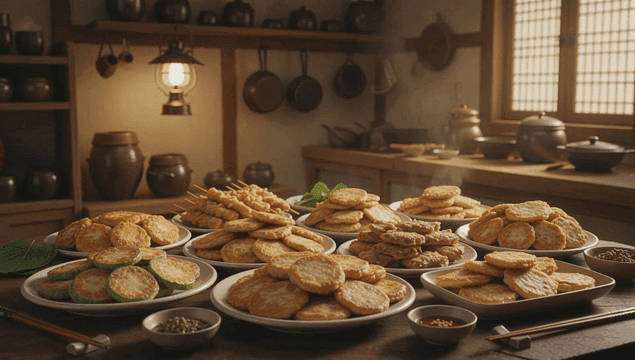 Traditional Korean pancakes in a cozy kitchen