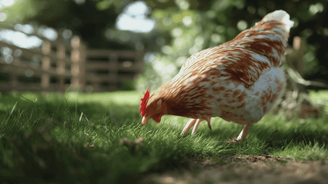 Chicken pecking at grass in sun-drenched yard