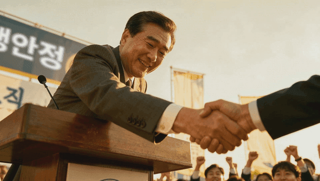 연설이 있는 공개 행사에서 악수하는 정치인