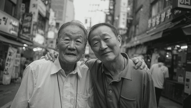 Two elderly friends smiling in a busy street