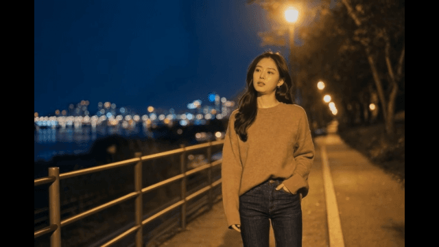 Woman walking along riverside promenade at night