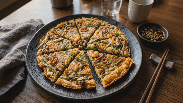 Korean seafood pancake on a table