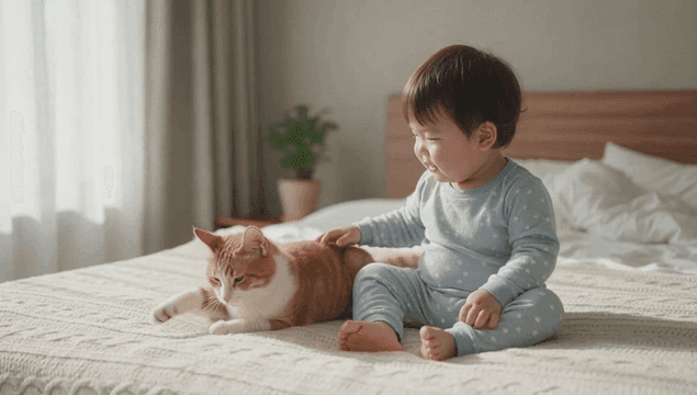 Baby gently petting a cat on a bed