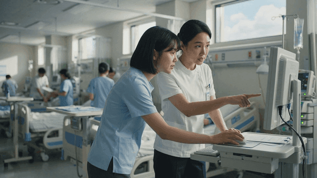 Nurses checking monitors in intensive care unit