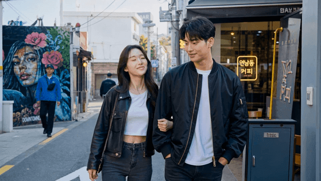 Young couple walking on street