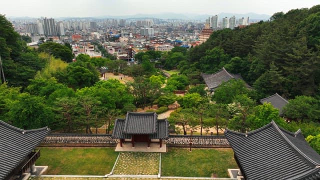 Traditional hanok village surrounded by lush trees