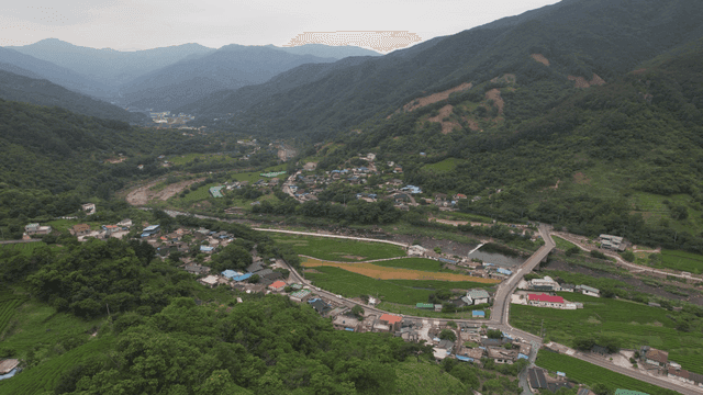 시골 마을과 밭을 둘러싼 푸른 산