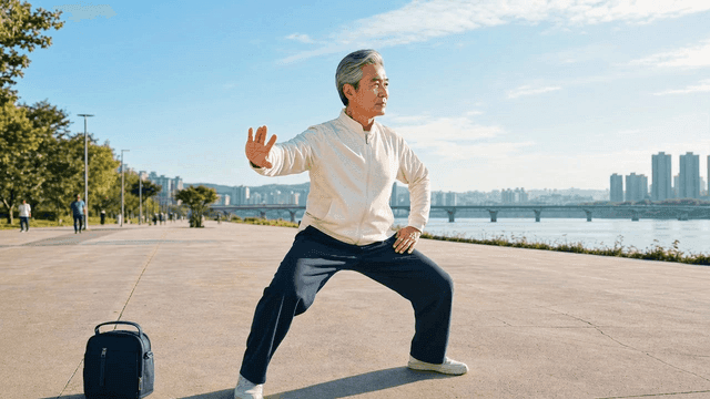 Elderly man practicing tai chi by the river