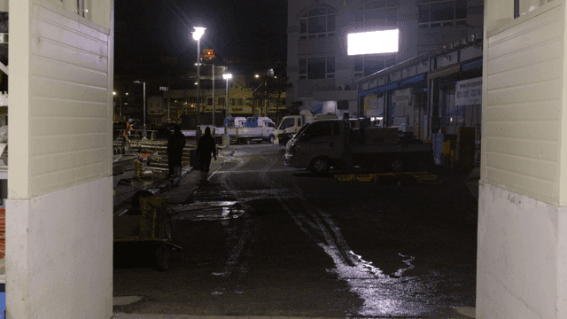 Night view of quiet fish market parking lot