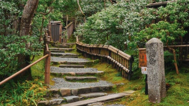 Tranquil stone staircase in the forest leading to a traditional shrine