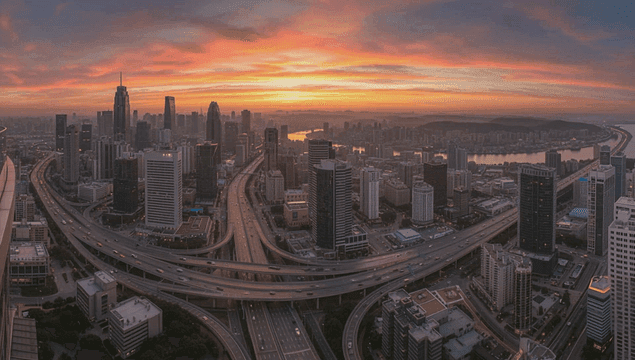 고속도로가 있는 도시의 일몰 풍경