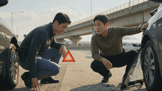 Two men inspecting a damaged car on the road