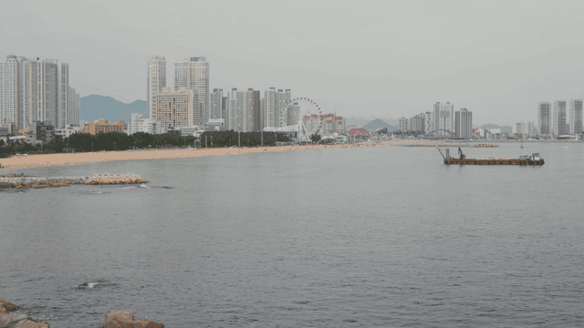 선박과 고층 건물이 있는 해안 도시