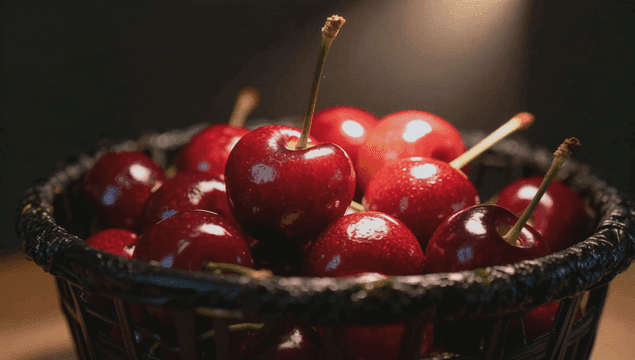 빛 아래 신선한 체리가 담긴 바구니