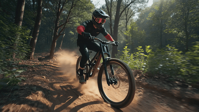 Mountain biking through a forest trail
