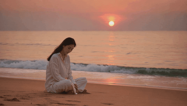 여성이 앉아서 휴식하는 해질녘 모래 해변