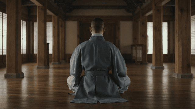 Back view of monk meditating at traditional temple