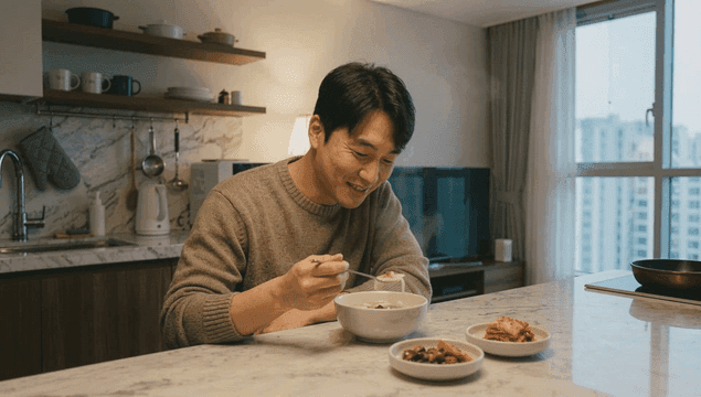 Man eating tteokguk in cozy kitchen