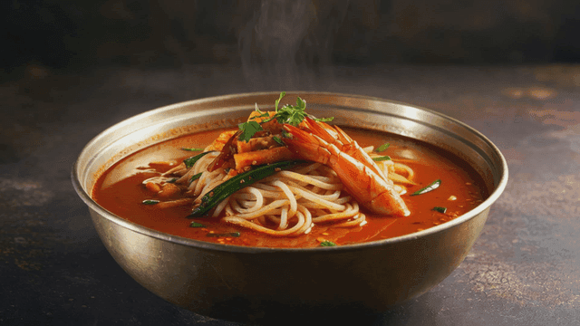 Steaming bowl containing spicy seafood Jjamppong