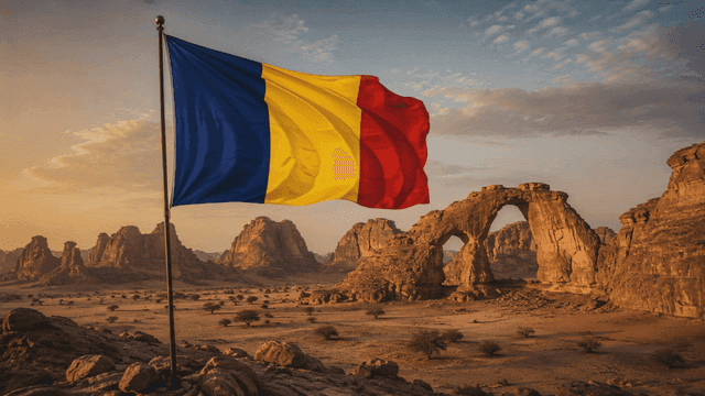 Romanian flag fluttering in desert landscape