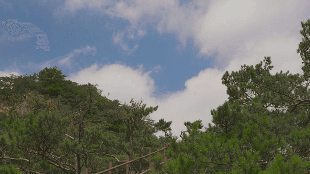 떠나는 구름들 아래 숲이 우거진 언덕