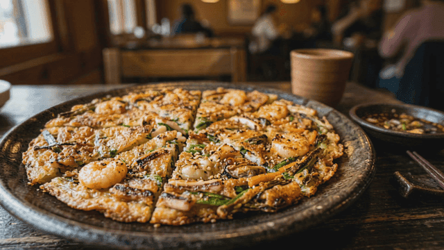 Seafood pancake on a table in a cozy restaurant
