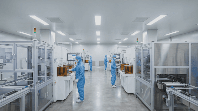 Technicians in high-tech production plant cleanrooms