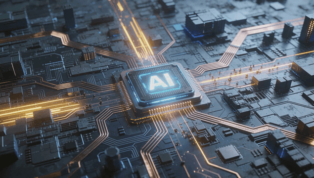 회로 기판 위의 AI 칩과 빛나는 선들