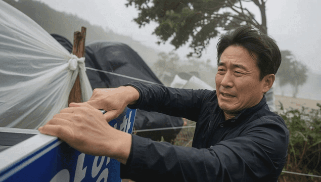 Man hanging onto signboard in typhoon winds