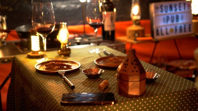 Two people enjoying a cozy dinner with wine on the table