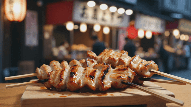 Grilled skewers on wooden board on Japanese street
