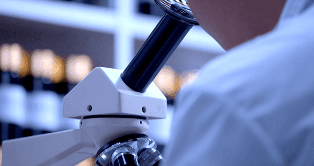 현미경으로 샘플을 검사하는 과학자의 뒷모습