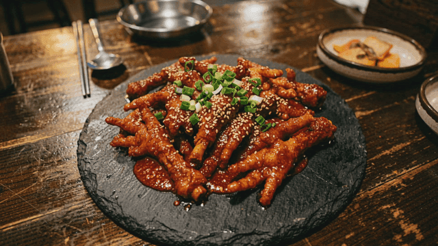 Spicy chicken feet topped with sesame seeds