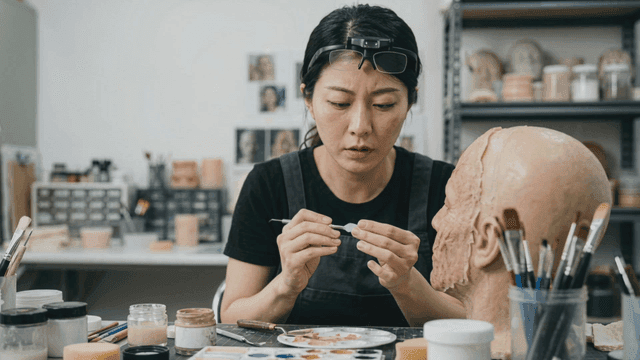 Artist sculpting a detailed face model