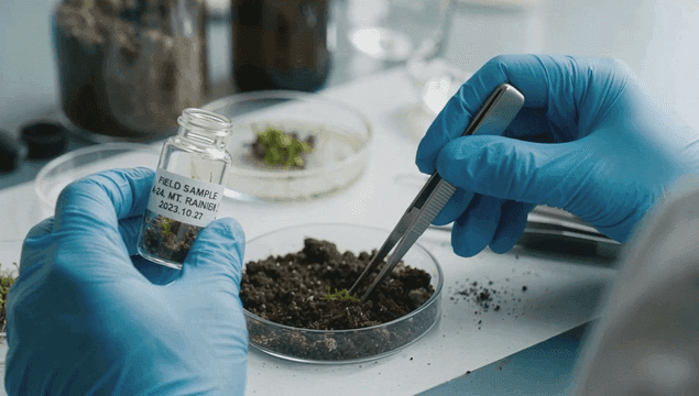 Scene of picking up plant sample with tweezers and transferring it onto soil in culture dish.