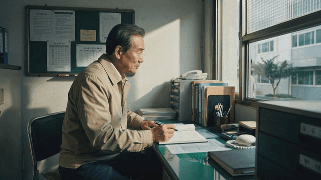 Elderly security guard working at desk in security office