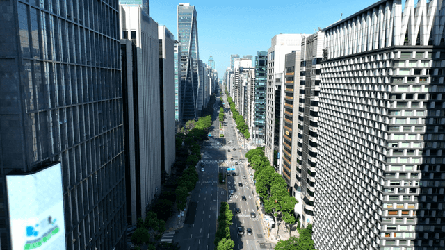 고층 건물이 있는 번화한 도시 도로