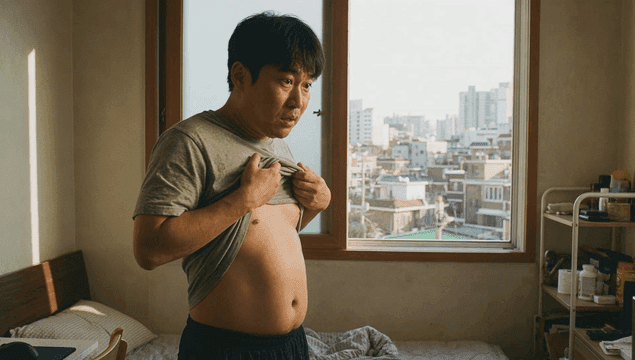 Man is surprised to see his stomach in his room.