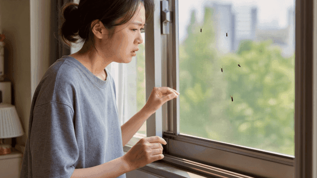 Unpleasant woman looking at insect stuck in window