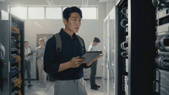 Man checking server room with tablet