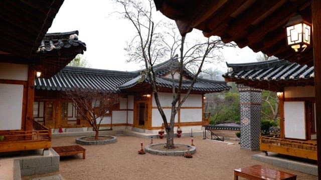 Peaceful traditional countyards of Hanok on a rainy day