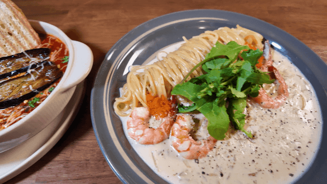 Grilled Eggplant Gambas and Creamy Shrimp Pasta