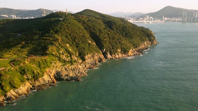 도시 스카이라인이 보이는 해안 절벽