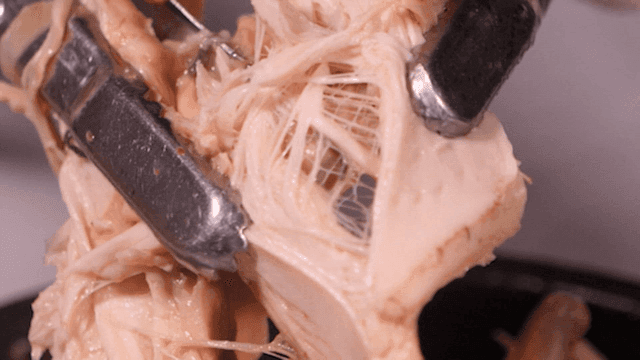 Chicken being shredded with tongs