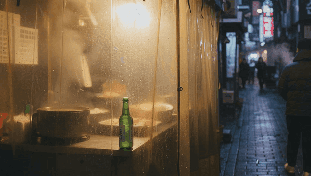 Soju on a street food stall on a steamy night