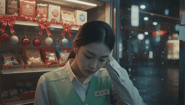 크리스마스 과자 가게에서 우울한 젊은 여성 점원