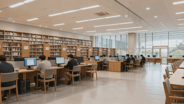 현대 도서관에서 컴퓨터를 이용하는 사람들
